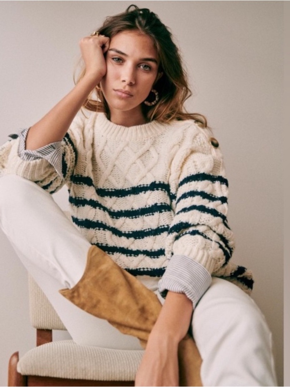 SEZANE James Navy Blue Ivory Striped Cable Knit Button Shoulder Sweater Sz Small - Picture 2 of 10